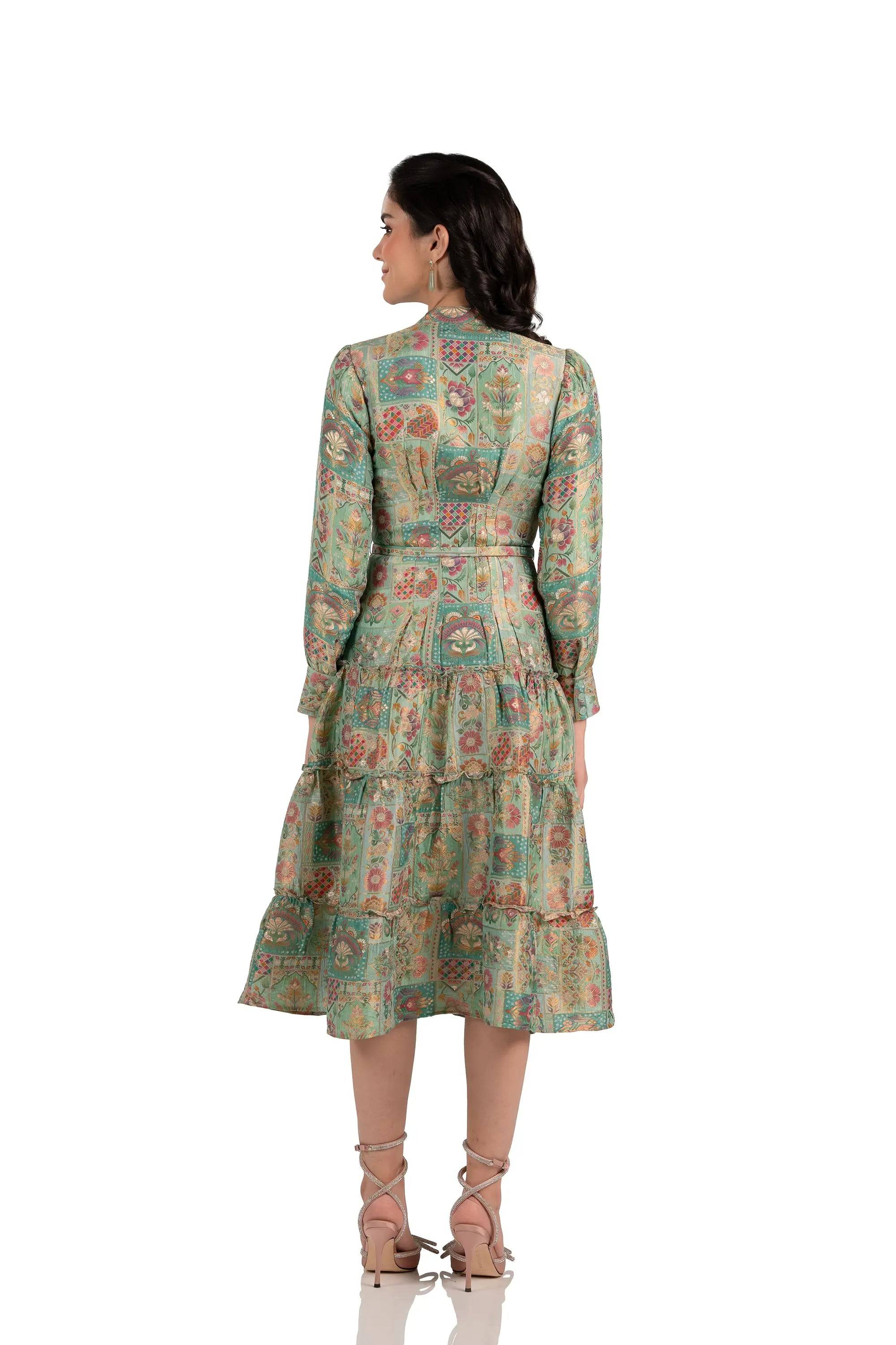 Sage Boho Green Jacquard Floral Belted Midi Dress