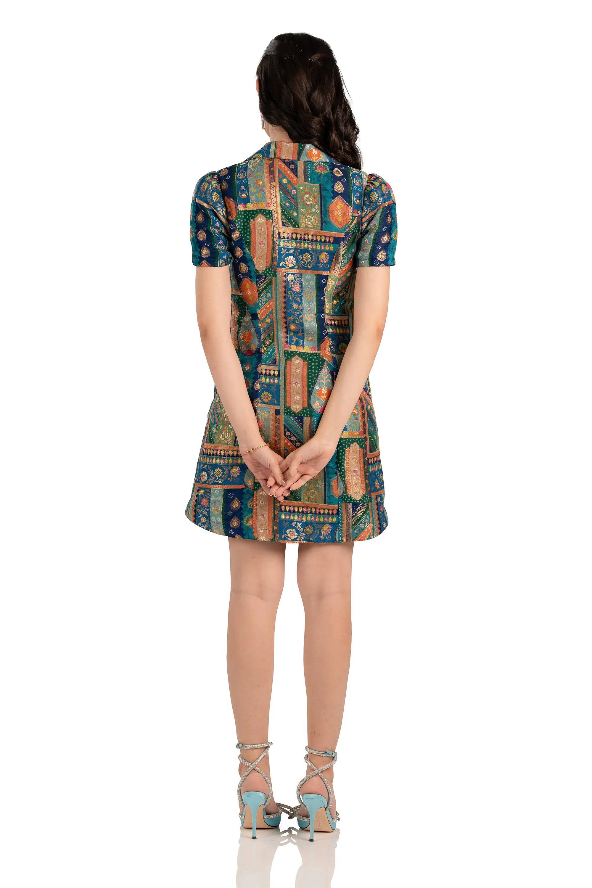 Peacock Jacquard Mini Dress with Collared Neck