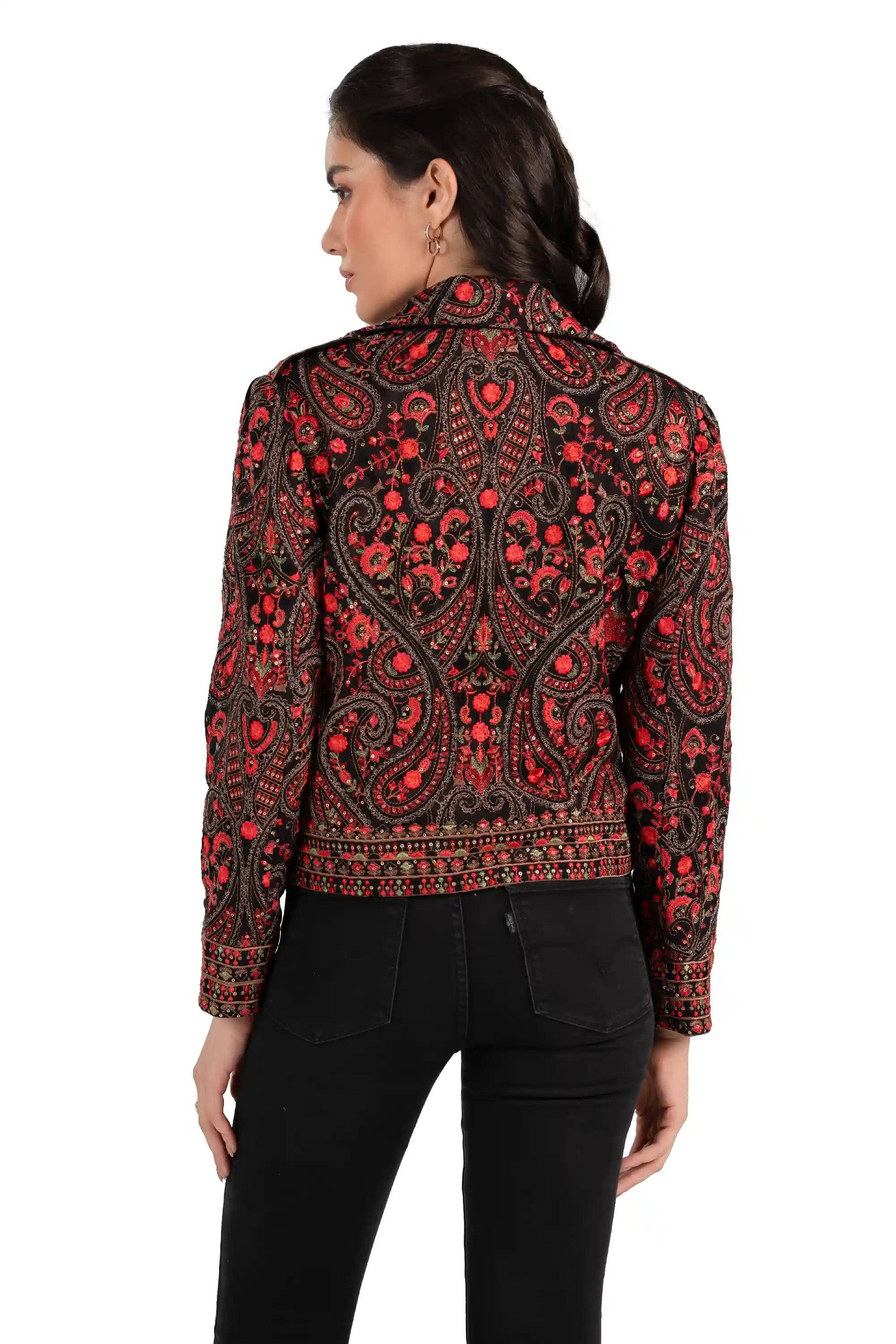 Crimson Paisley Black Hand Embroidered biker Jacket