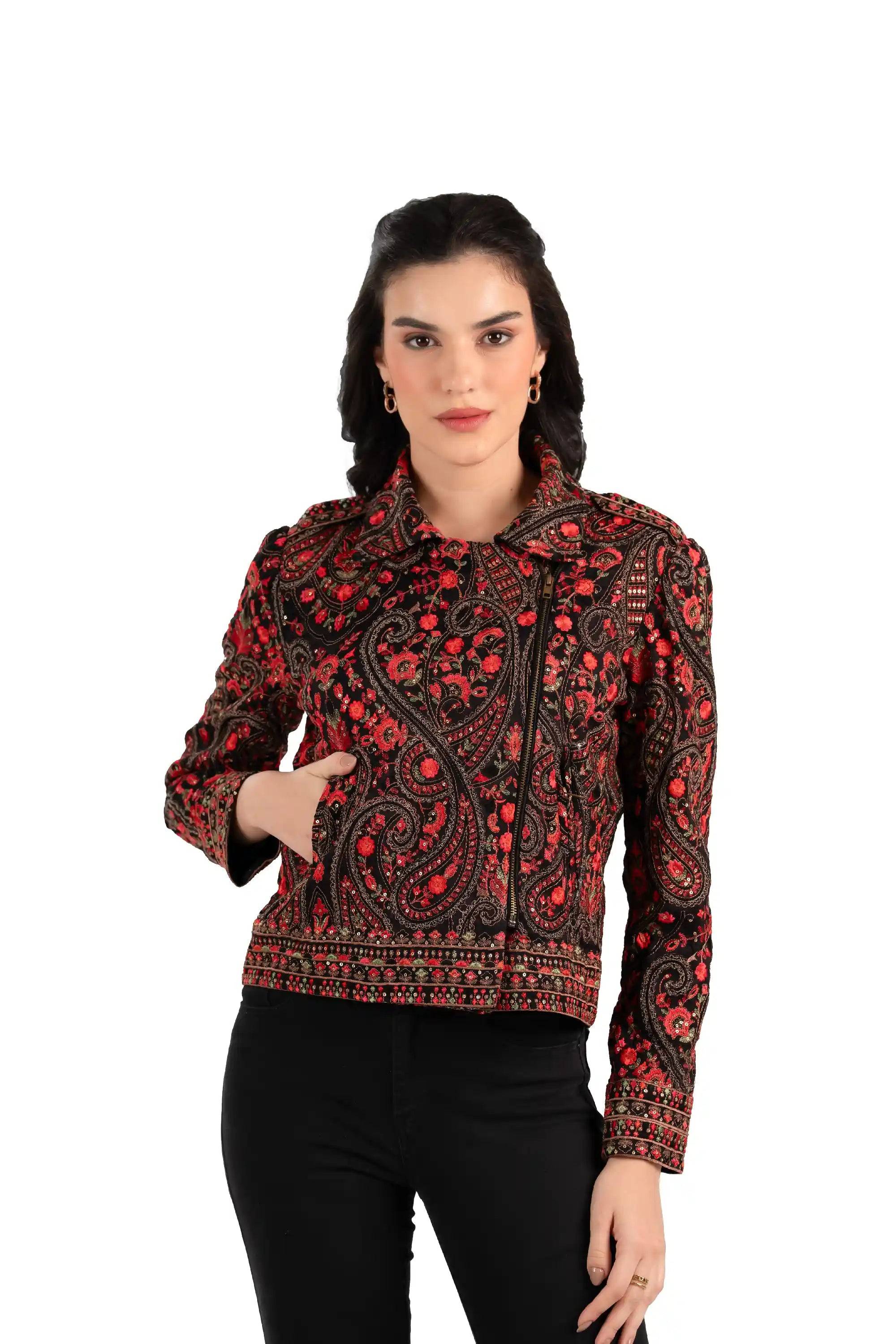 Crimson Paisley Black Hand Embroidered biker Jacket