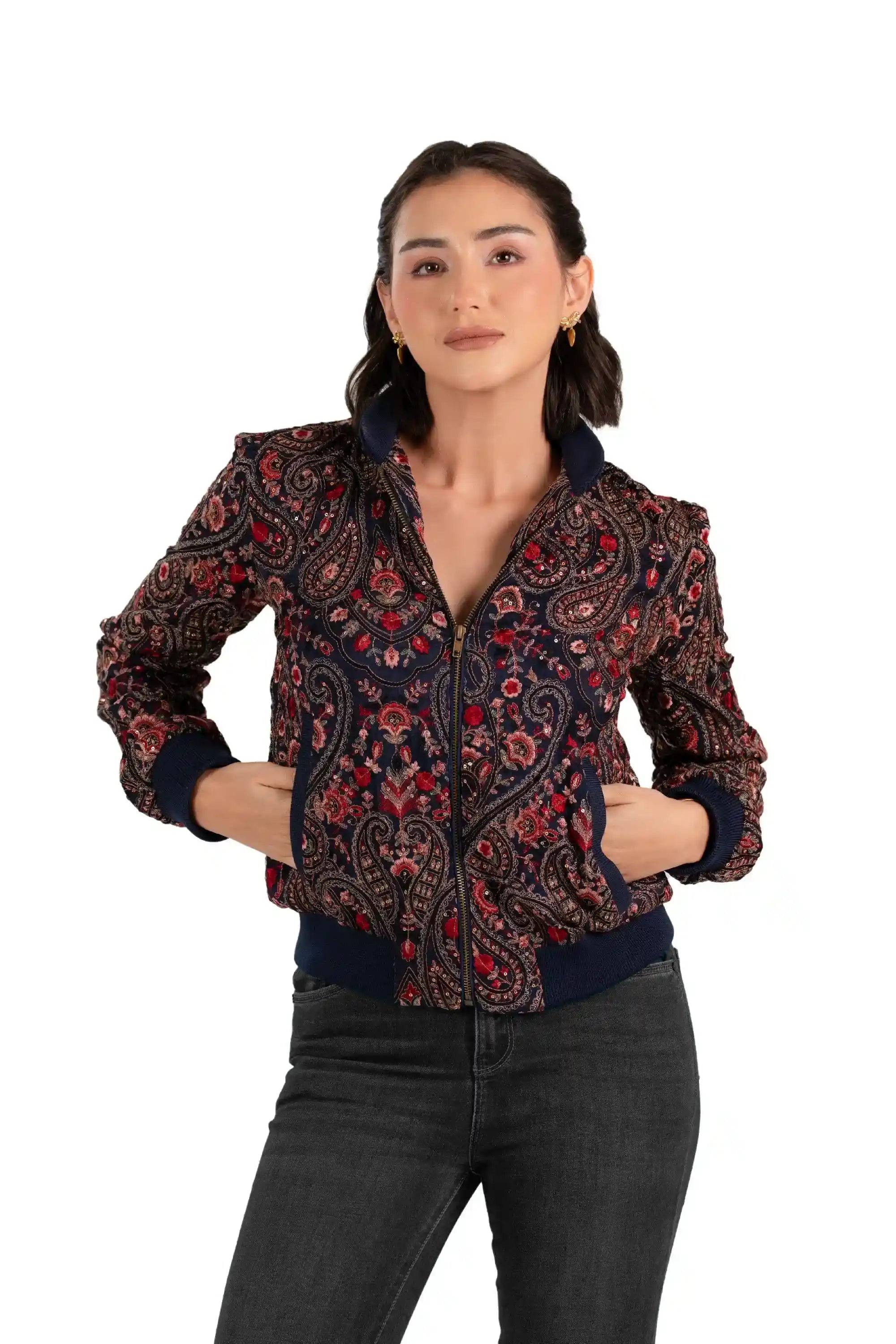 Crimson Paisley Navy Hand Embroidered Bomber Jacket