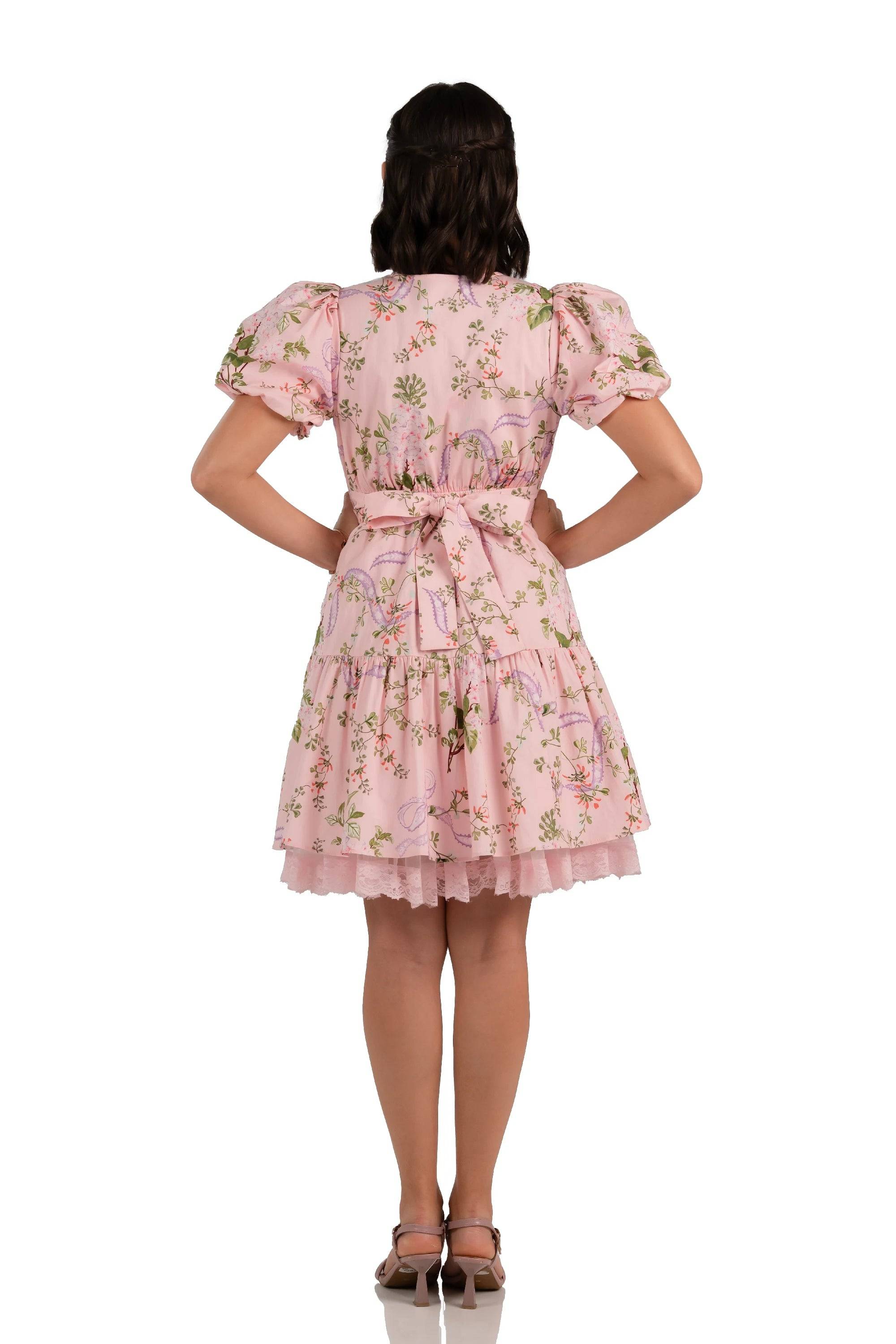 Blossom Pink Puff Sleeve Bow-Belted Mini Dress