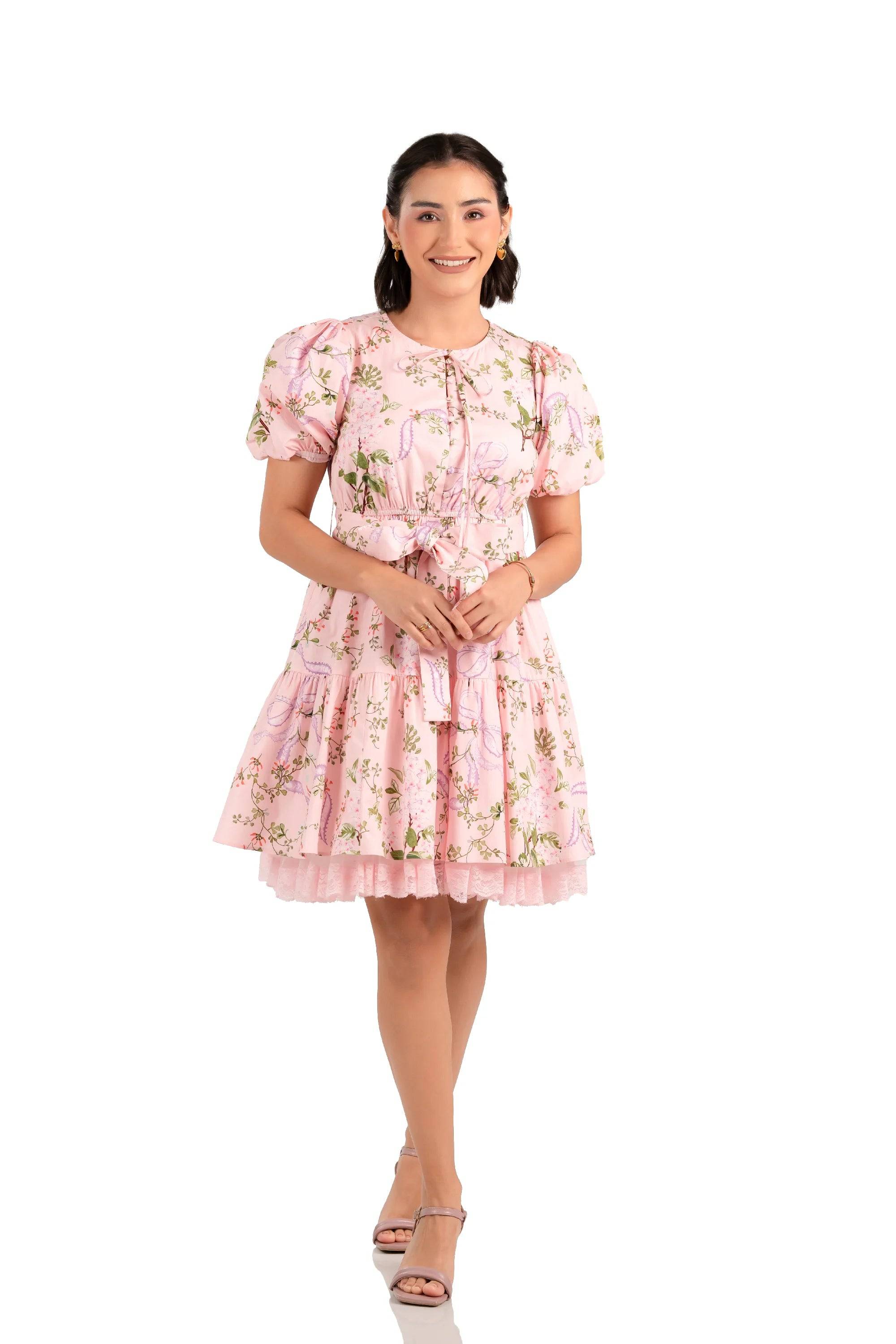 Blossom Pink Puff Sleeve Bow-Belted Mini Dress
