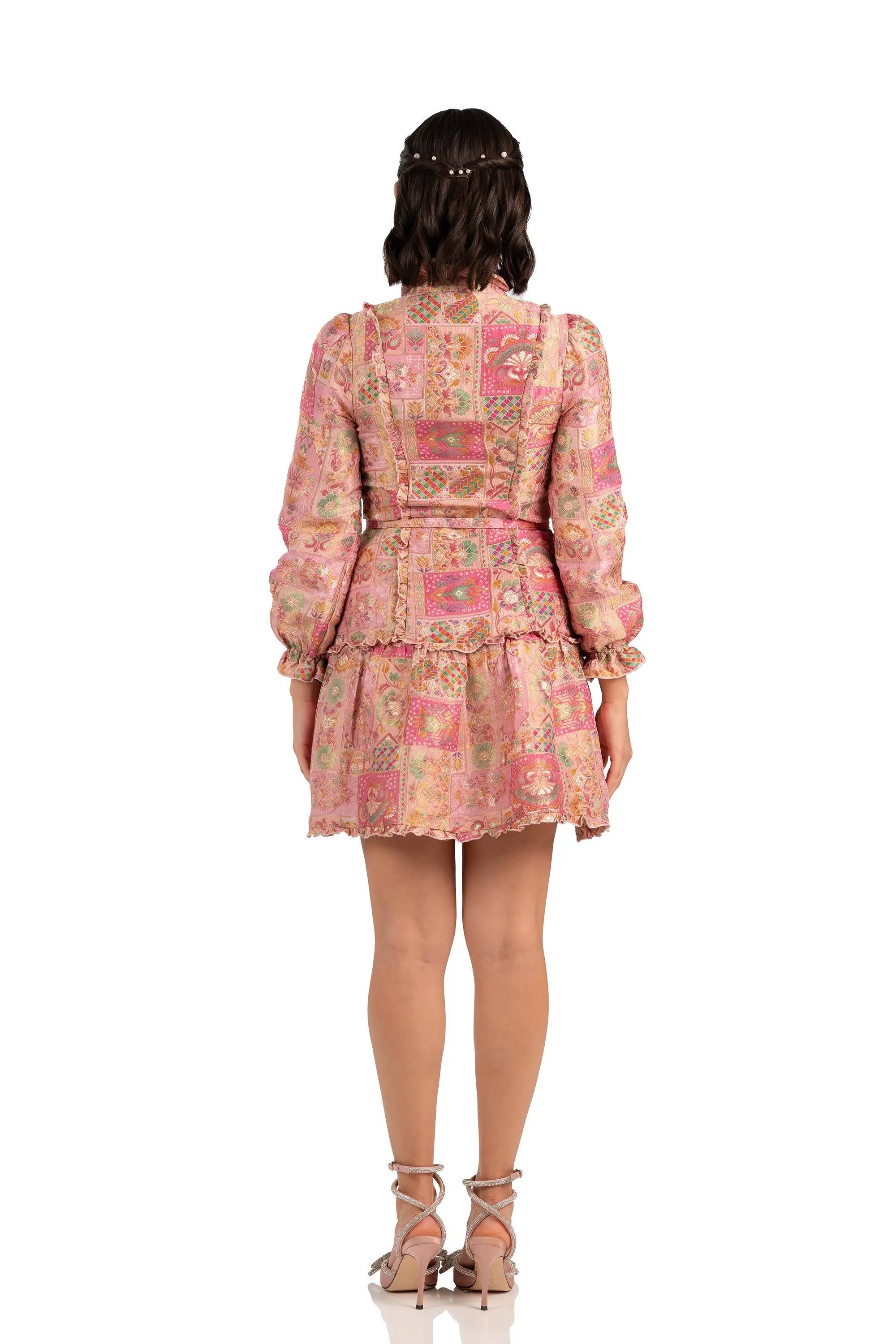 Pink Floral Jacquard Ruffle Belted Mini Dress