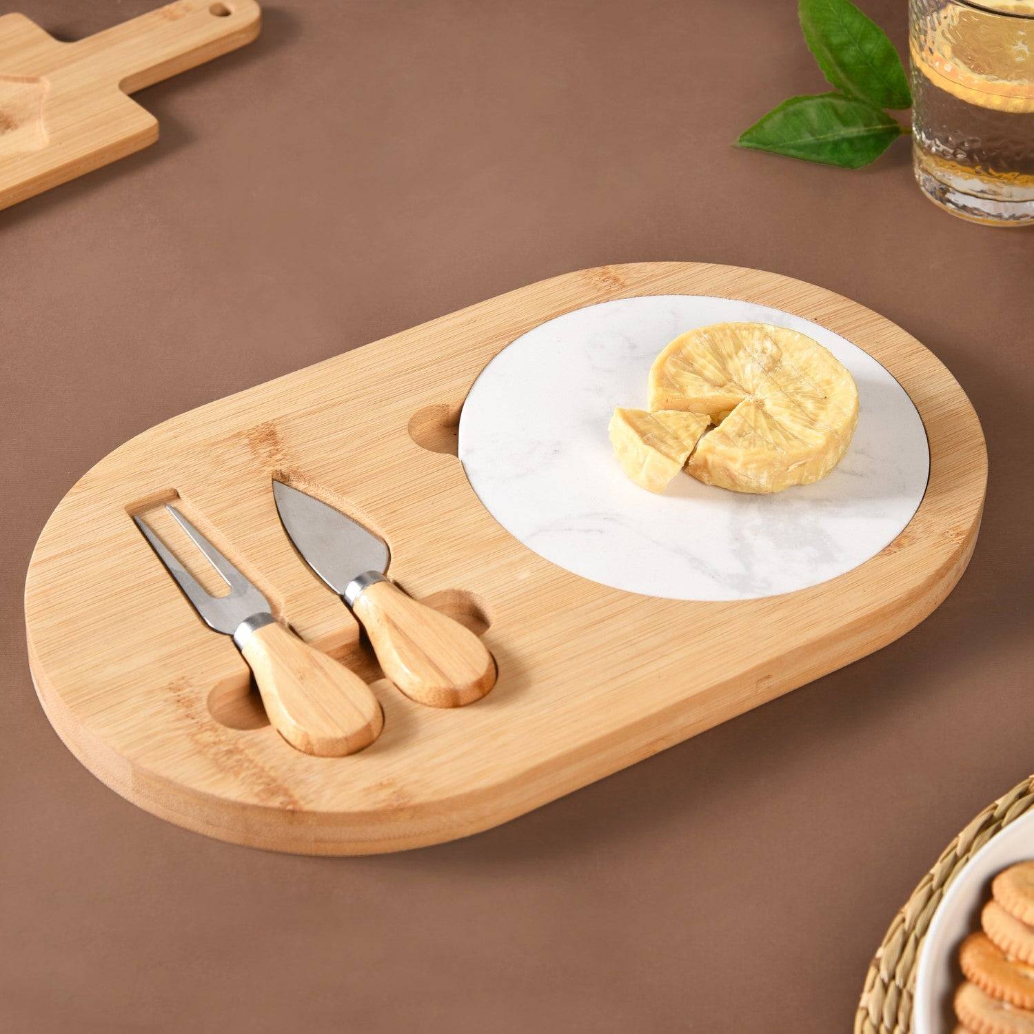 Wooden Cheese Platter Set With Marble Board And Cheese Cutlery buy only at ₹1190