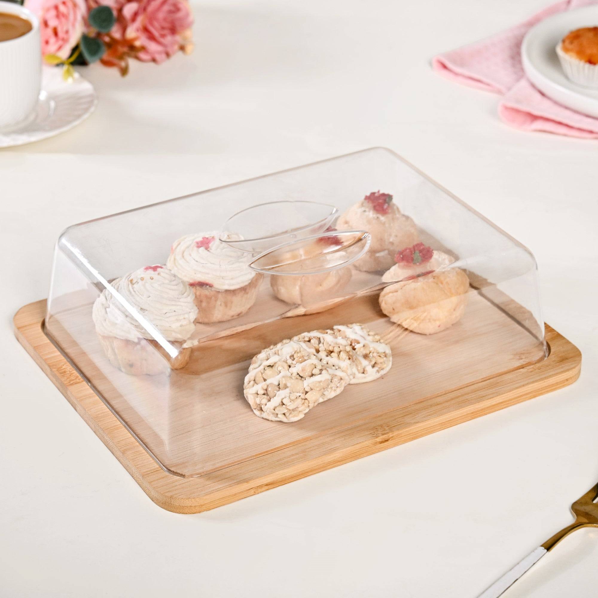 Rectangle Wooden Cake Stand With Cloche buy only at ₹690