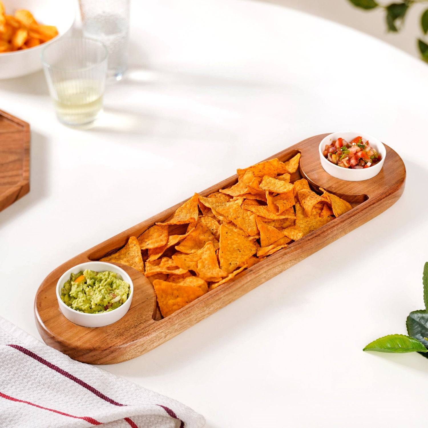 Wooden Snack Platter With Dip Bowls