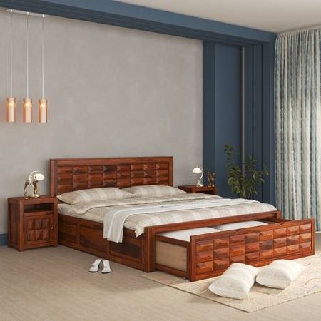 Diamond Box and Drawers Storage Queen Bed in Honey Finish