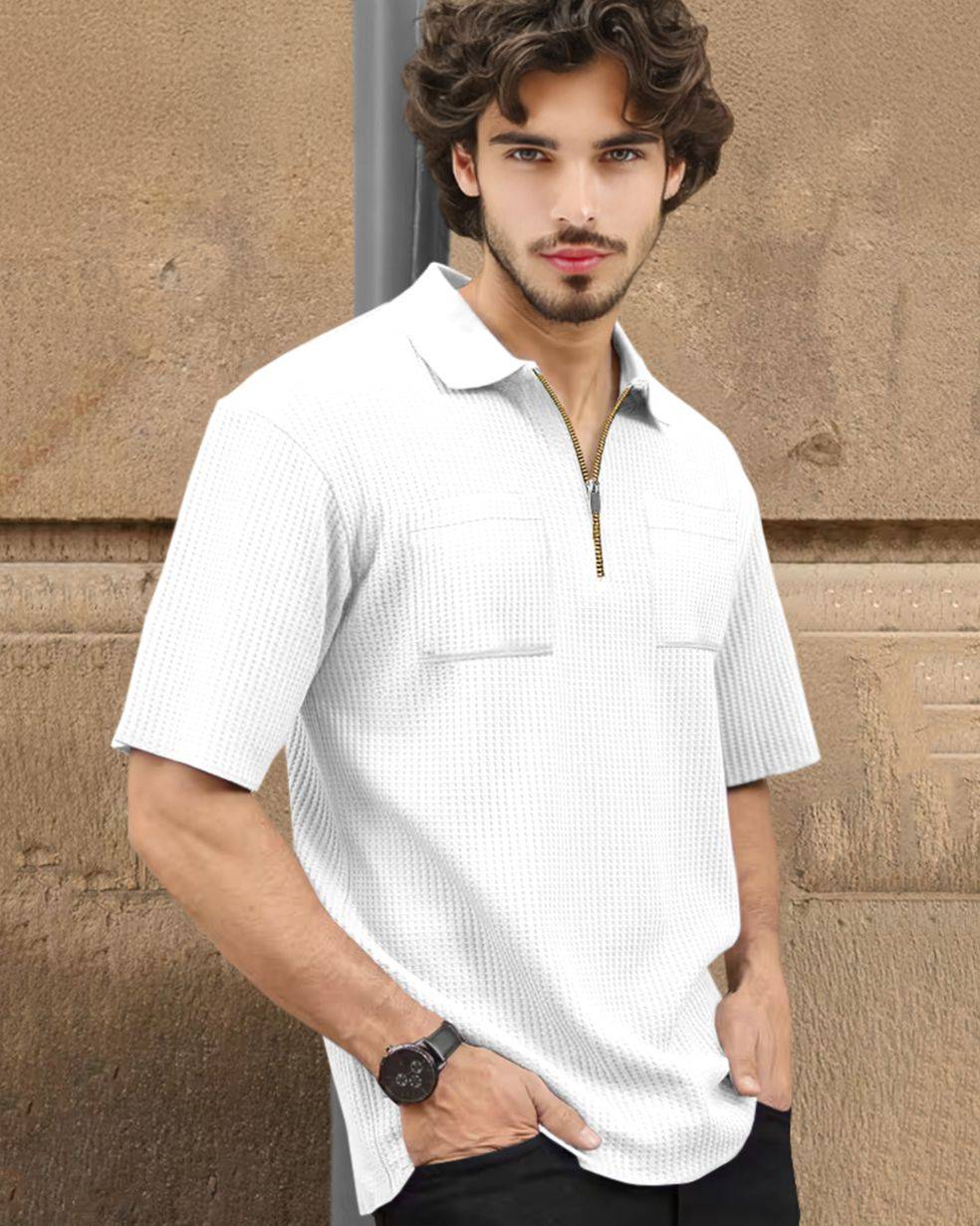 Half Sleeve Double Poacket Polo Waffle White T-shirt