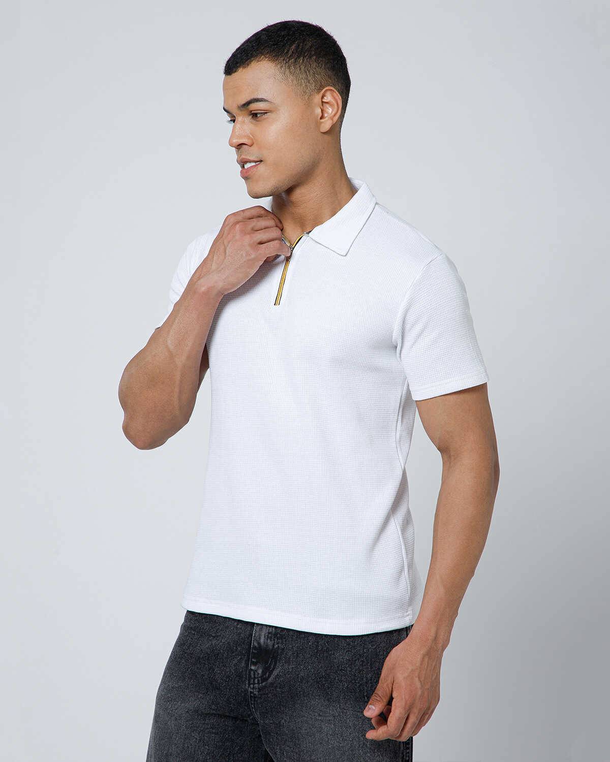 Mens Half Sleeve Zipper Waffle White T-shirt