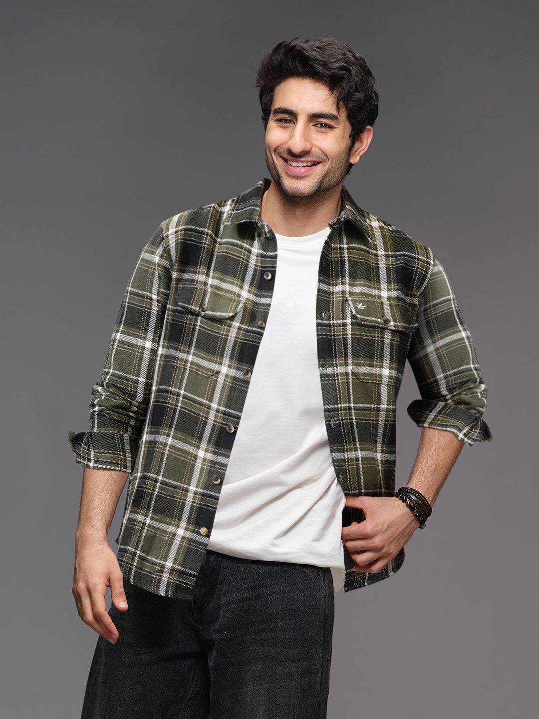 Double Pocket Checked Shirt | Olive