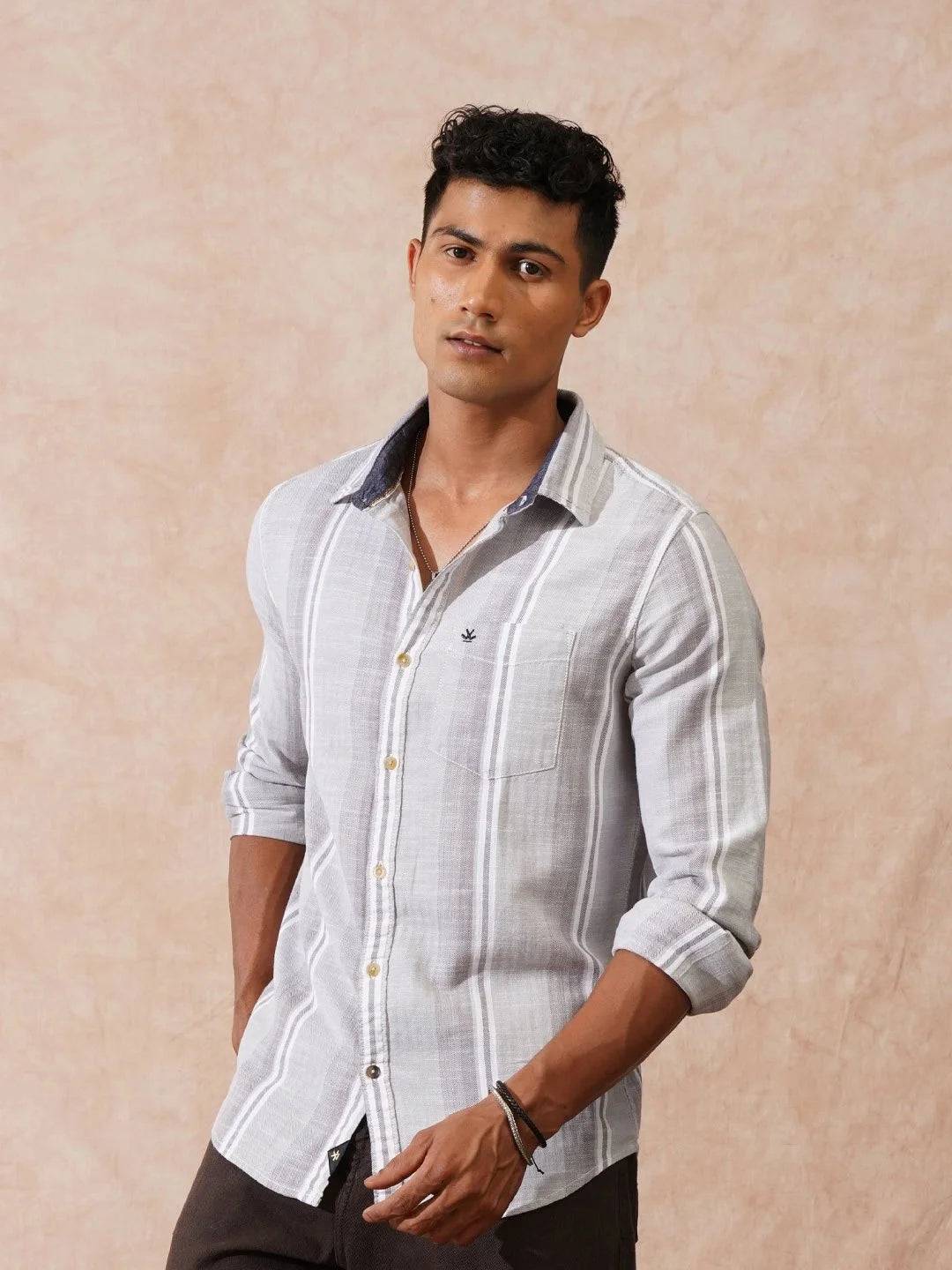 Casual Striped Herringbone Shirt | Grey