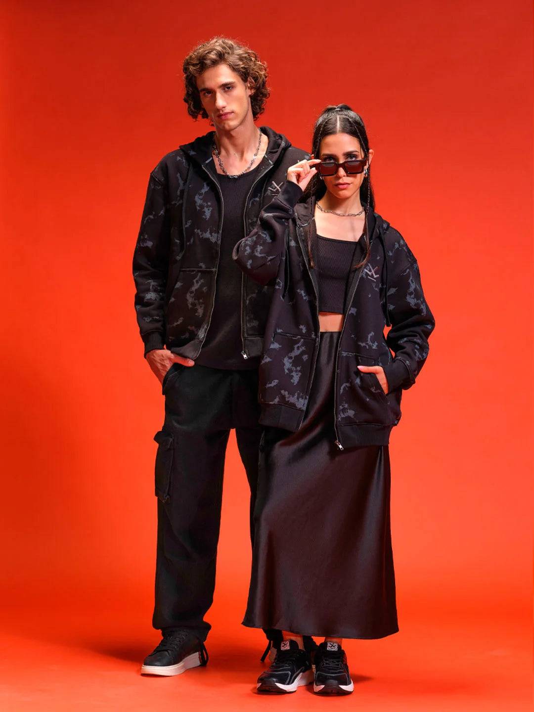 Distressed Printed Front Open Hooded Sweatshirt  |  Black