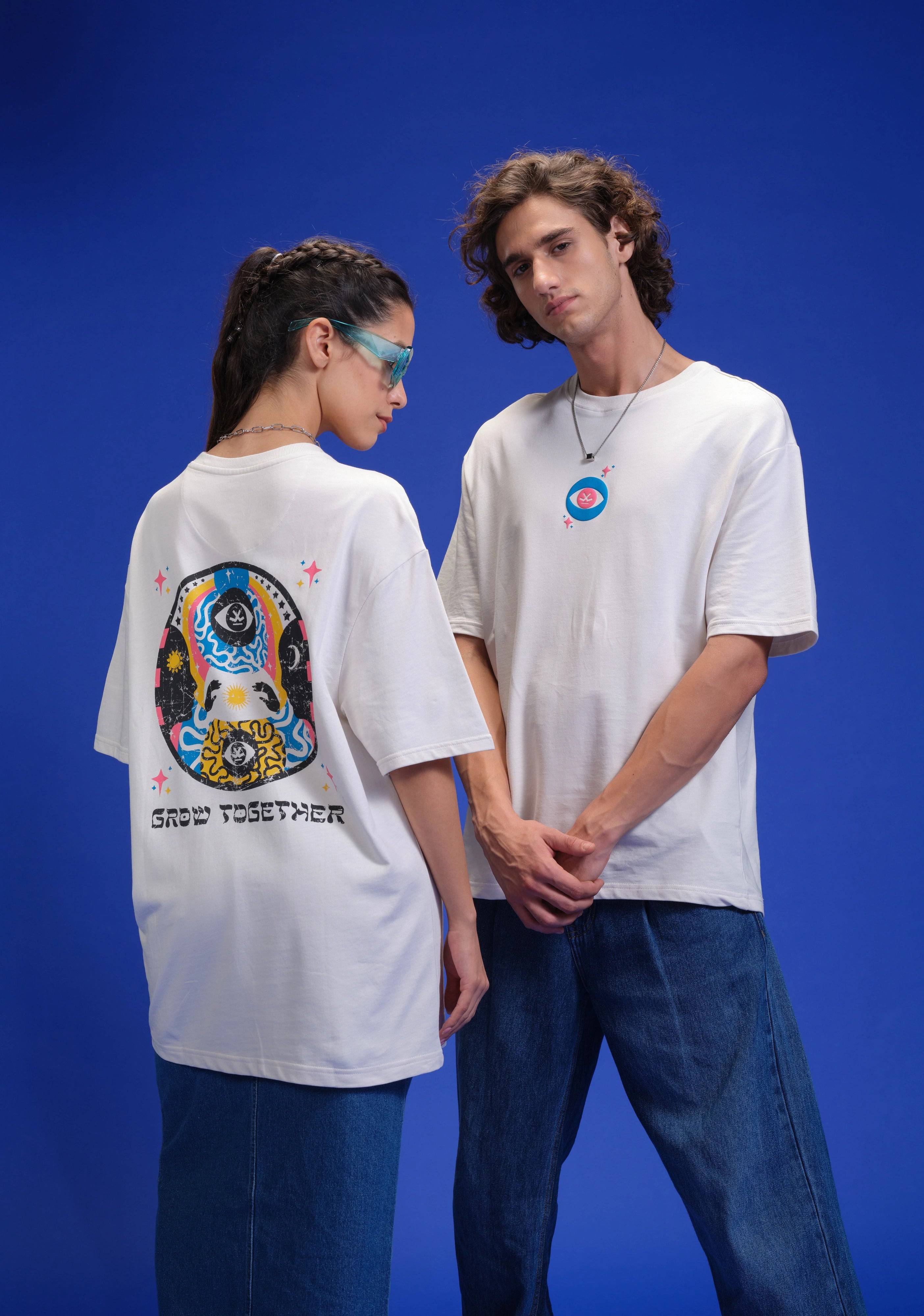 Grow Together Zen Inspired Oversized Back Print Crew Neck T-Shirt  | Off White