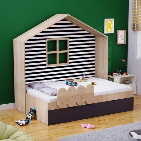 Little Hut Bed 6X4 Drawers On Wheels In Oak and Black Colour62