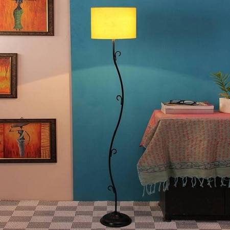 Hera Yellow Fabric Floor Lamp with Black Iron Base