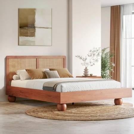 Takai Solid Wood And Cane King Size Non Storage Bed In Red Cedar Finish