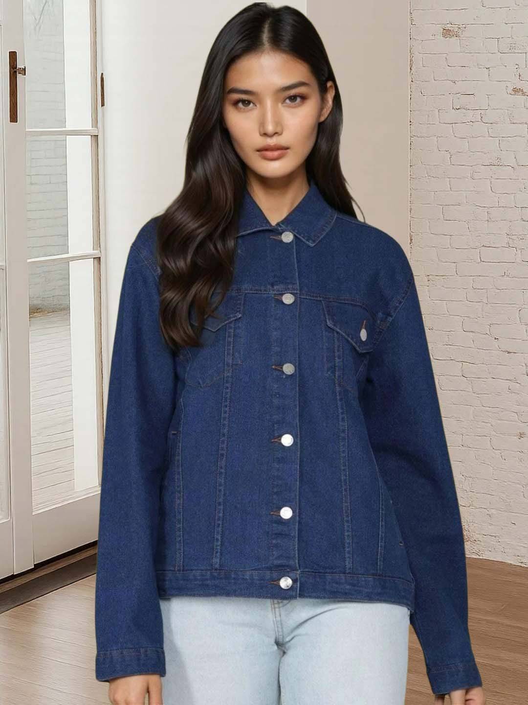 Kotty Women Spread Collar Solid Denim Jacket