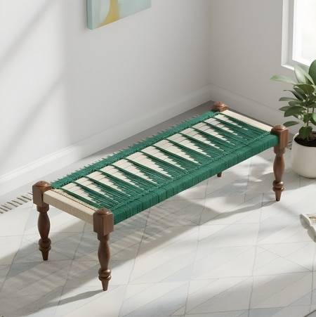 Hamilton Sheesham Wood Maachi Bench In Green & White Rope Canning