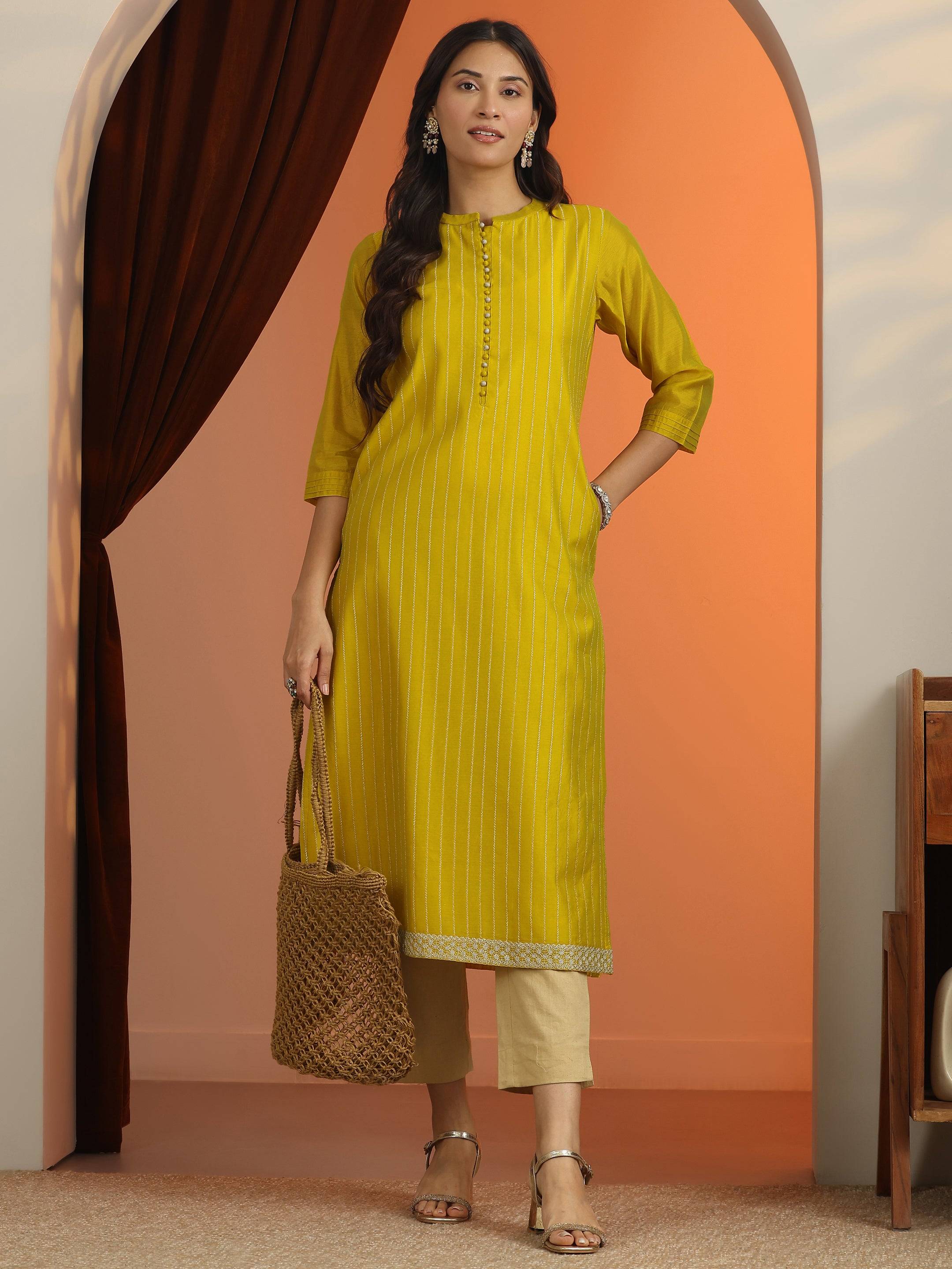 Yellow Embroidered Silk Blend Straight ... Buy at only ₹1299