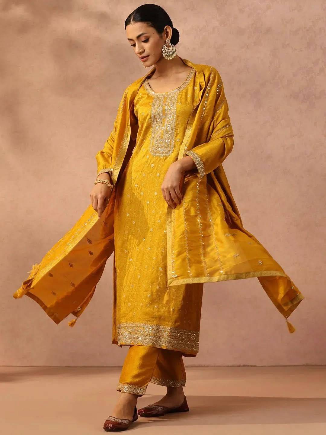 Yellow Embroidered Silk Blend Straight ... Buy only at ₹5999