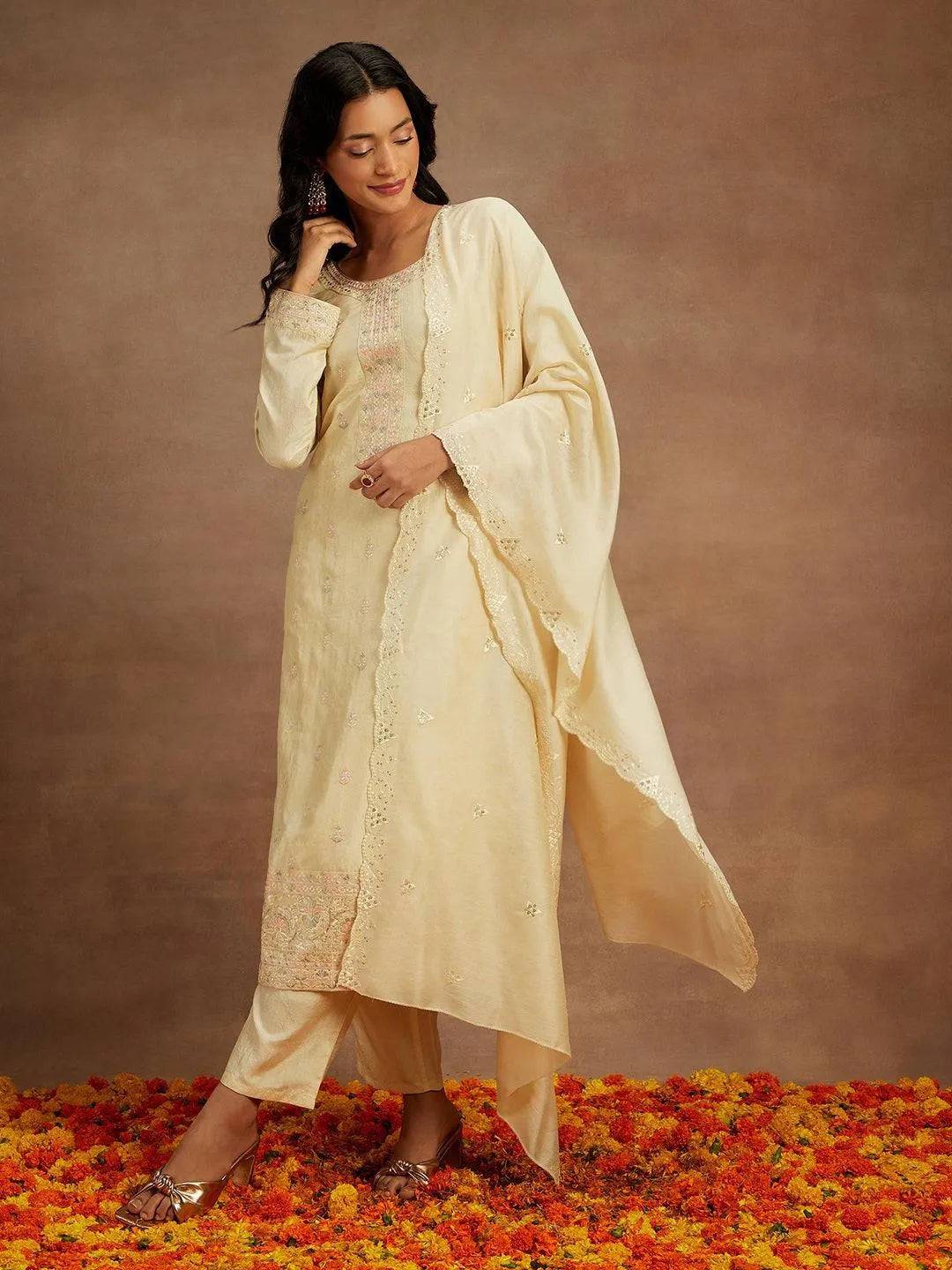 Yellow Embroidered Silk Straight Suit W... Buy only at ₹5999