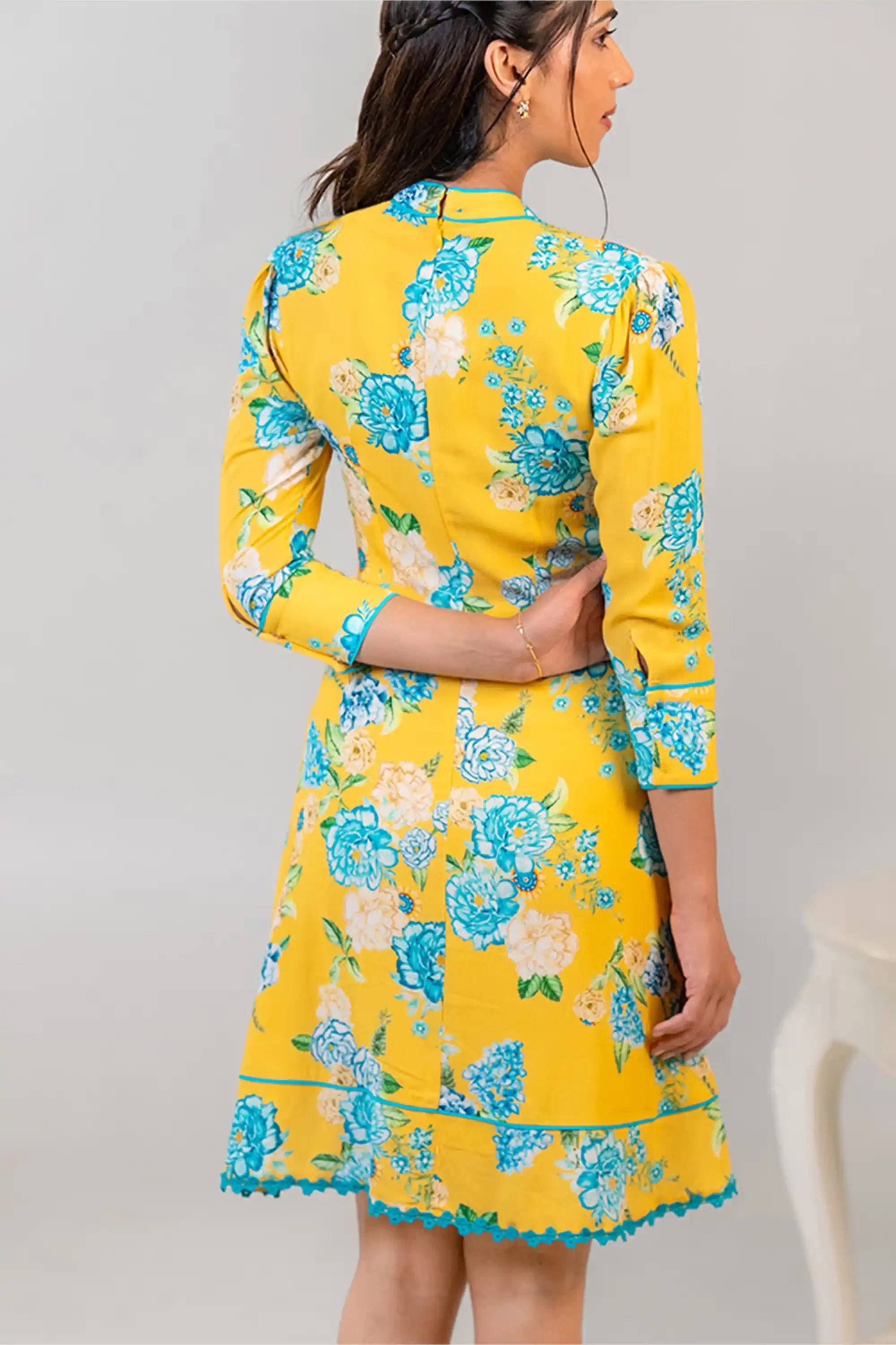 Sunshine Yellow Floral Bow-Tie Mini Dress