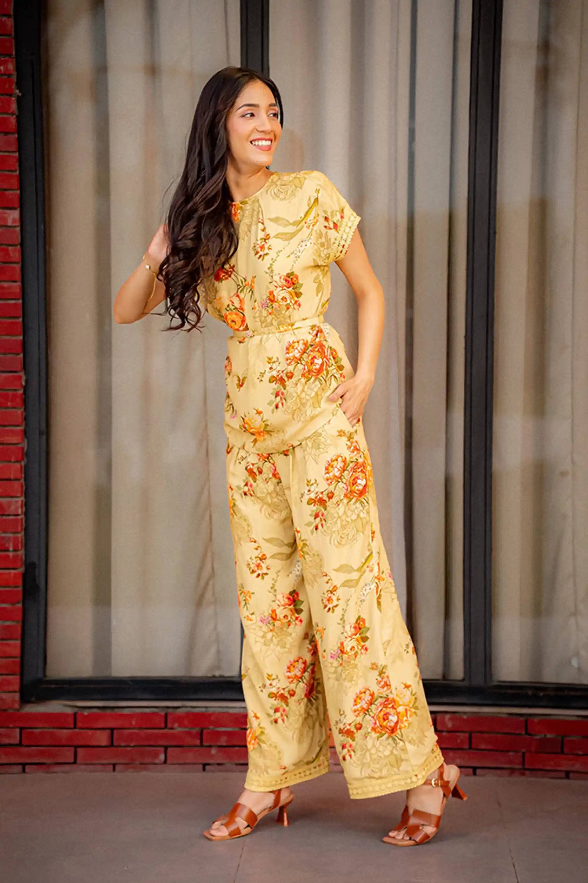 Mustard Yellow Floral Print Belted Co-Ord Set