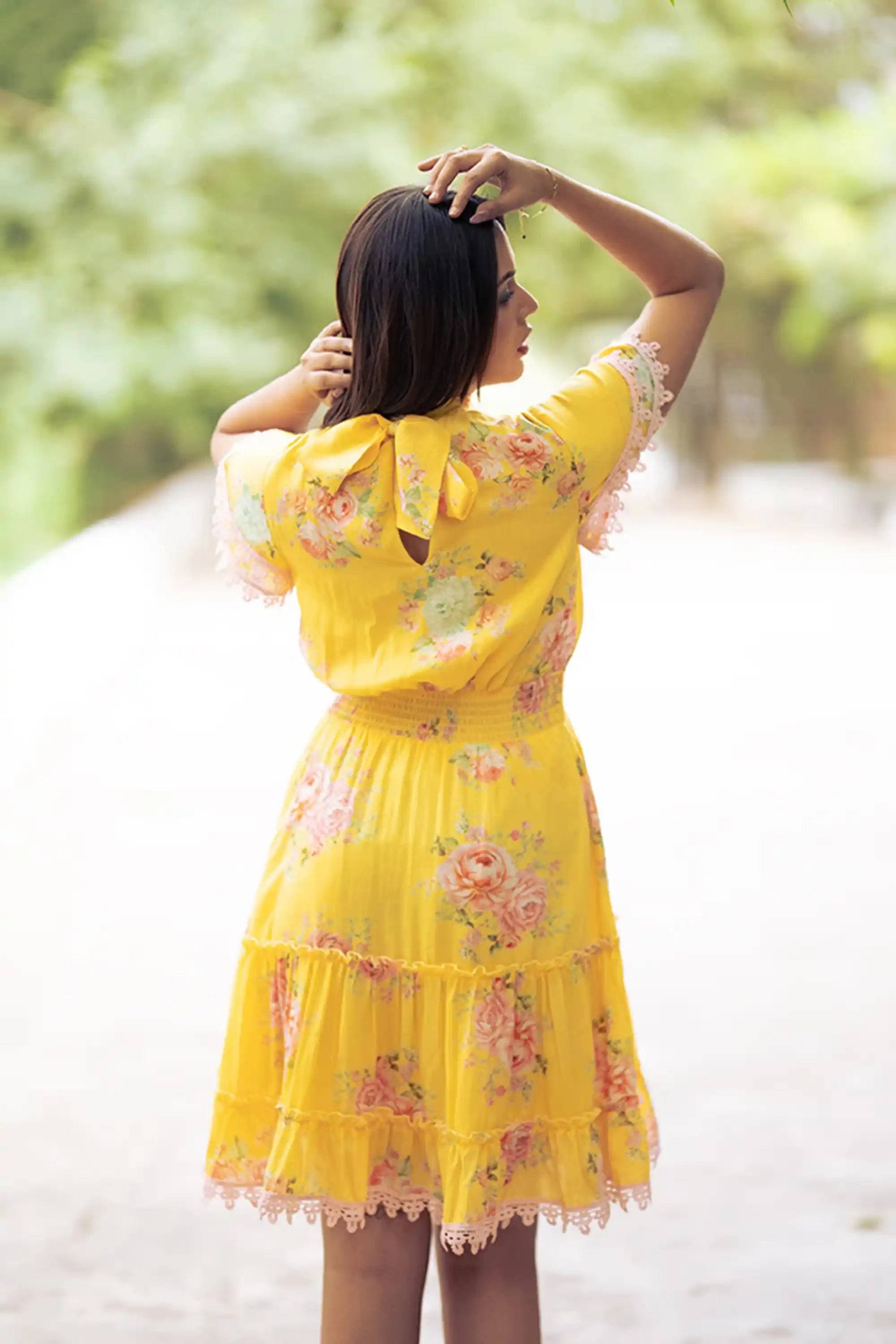Sunshine Yellow Floral Smocked Mini Dress
