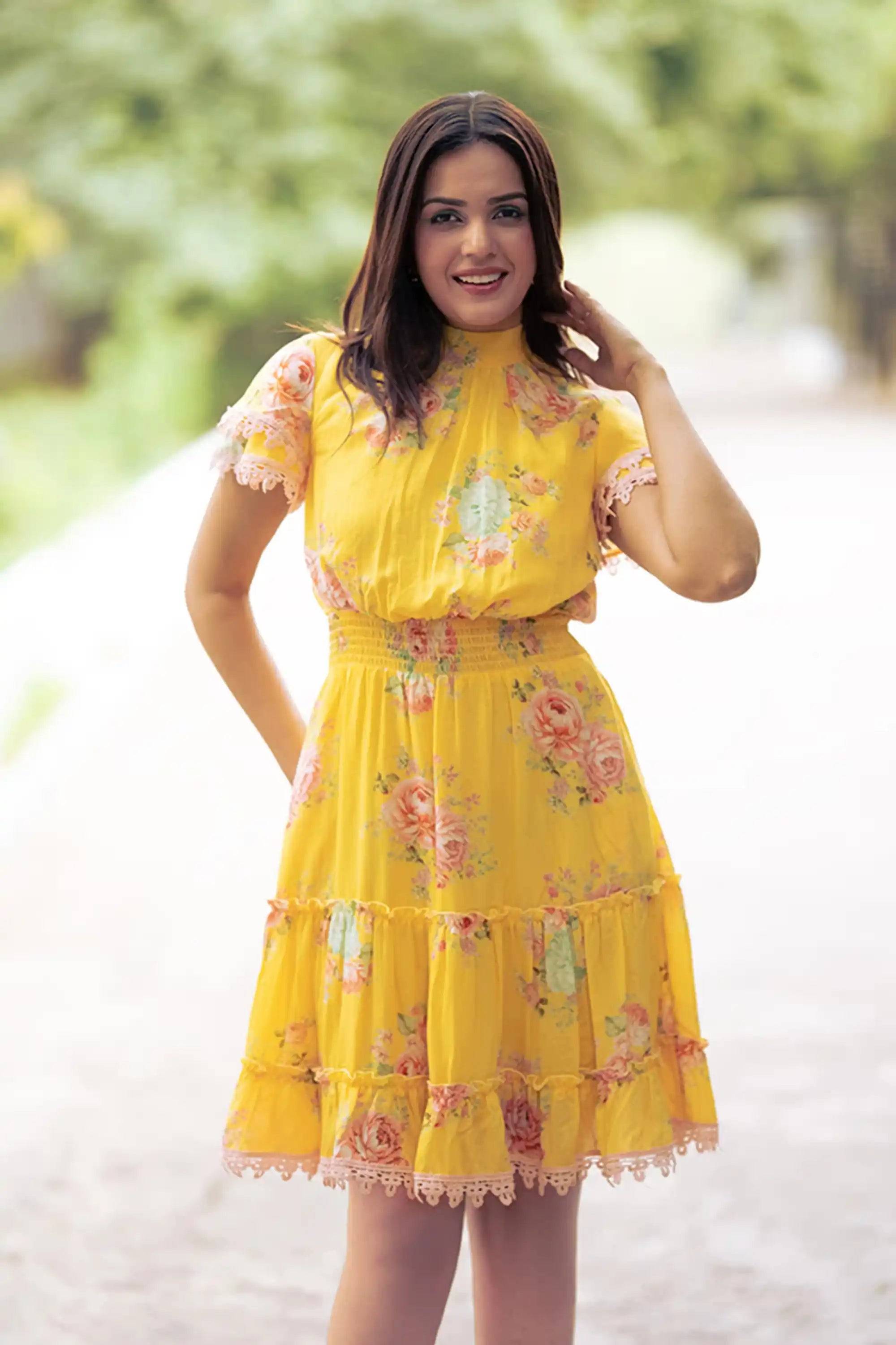 Sunshine Yellow Floral Smocked Mini Dress