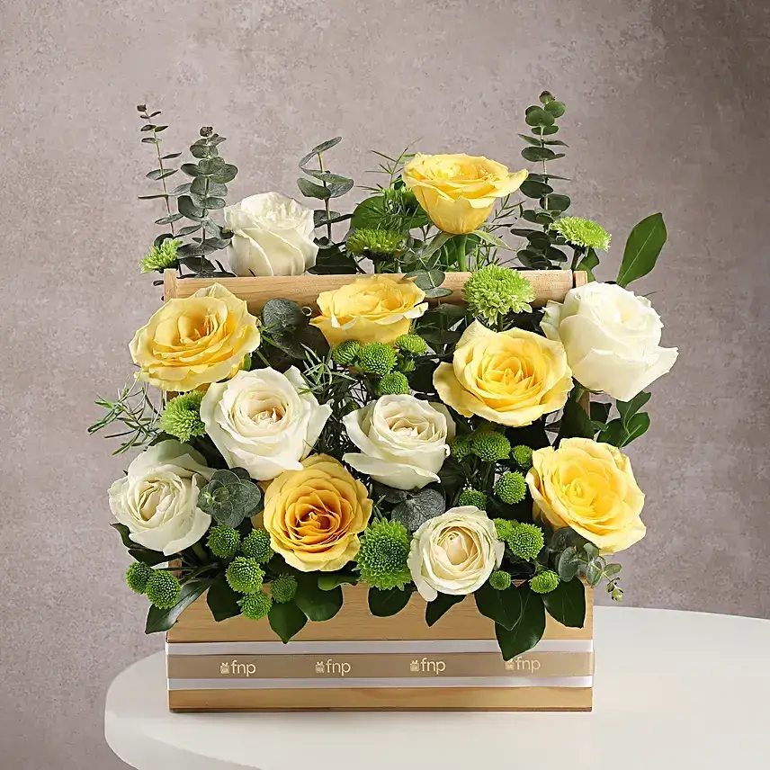 Yellow N White Rose in Rustic Wooden Base