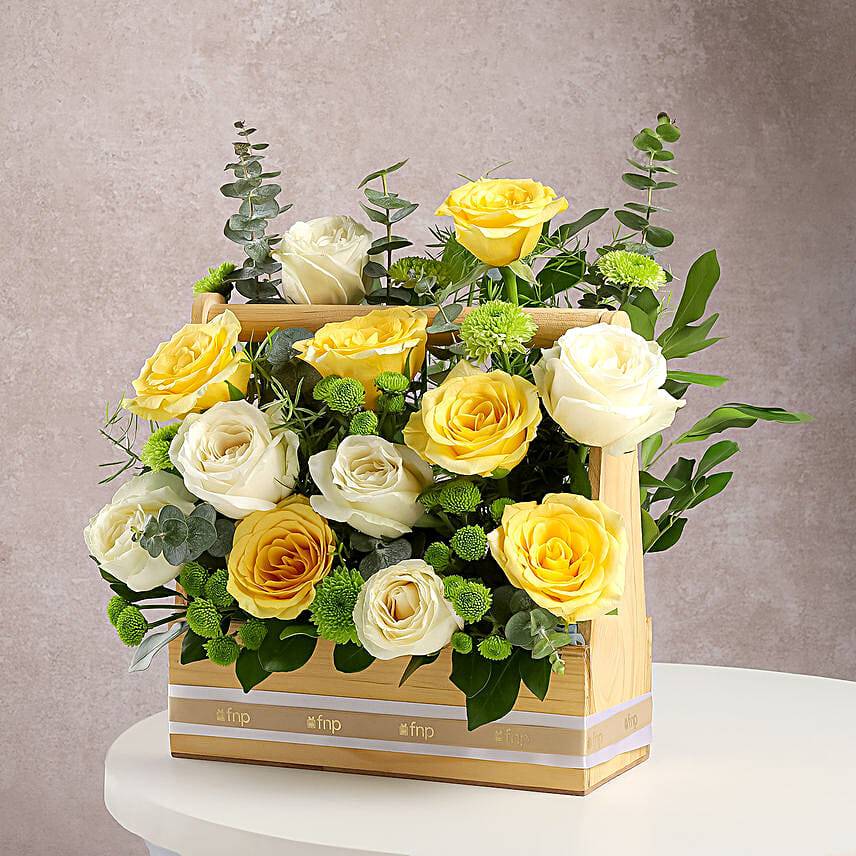 Yellow N White Rose in Rustic Wooden Base