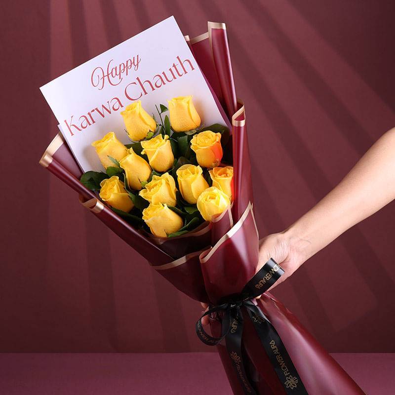 Yellow Roses Wrapped In Karwa Chauth Devotion