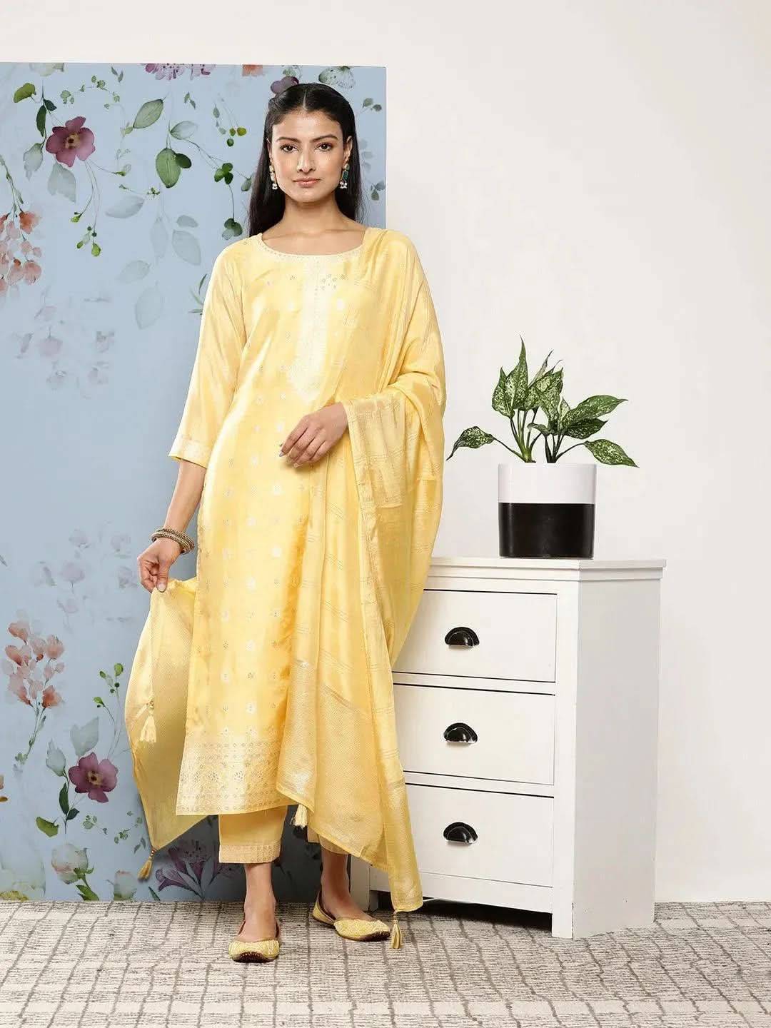 Yellow Self Design Silk Blend Straight ... Buy only at ₹4999