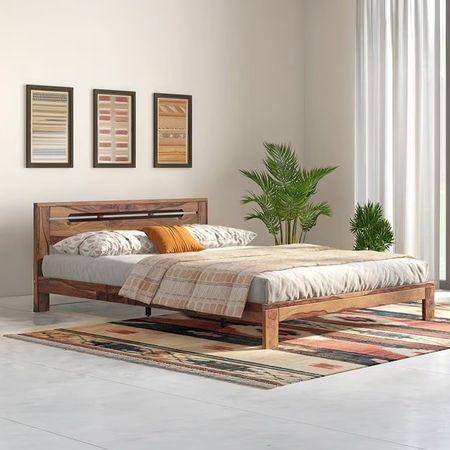 Amal Solid Wood Queen Size Bed In Teak Finish