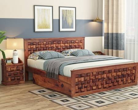 Moglis Solid Wood King  Size Bed With Drawer Storage Bed In Teak Finish