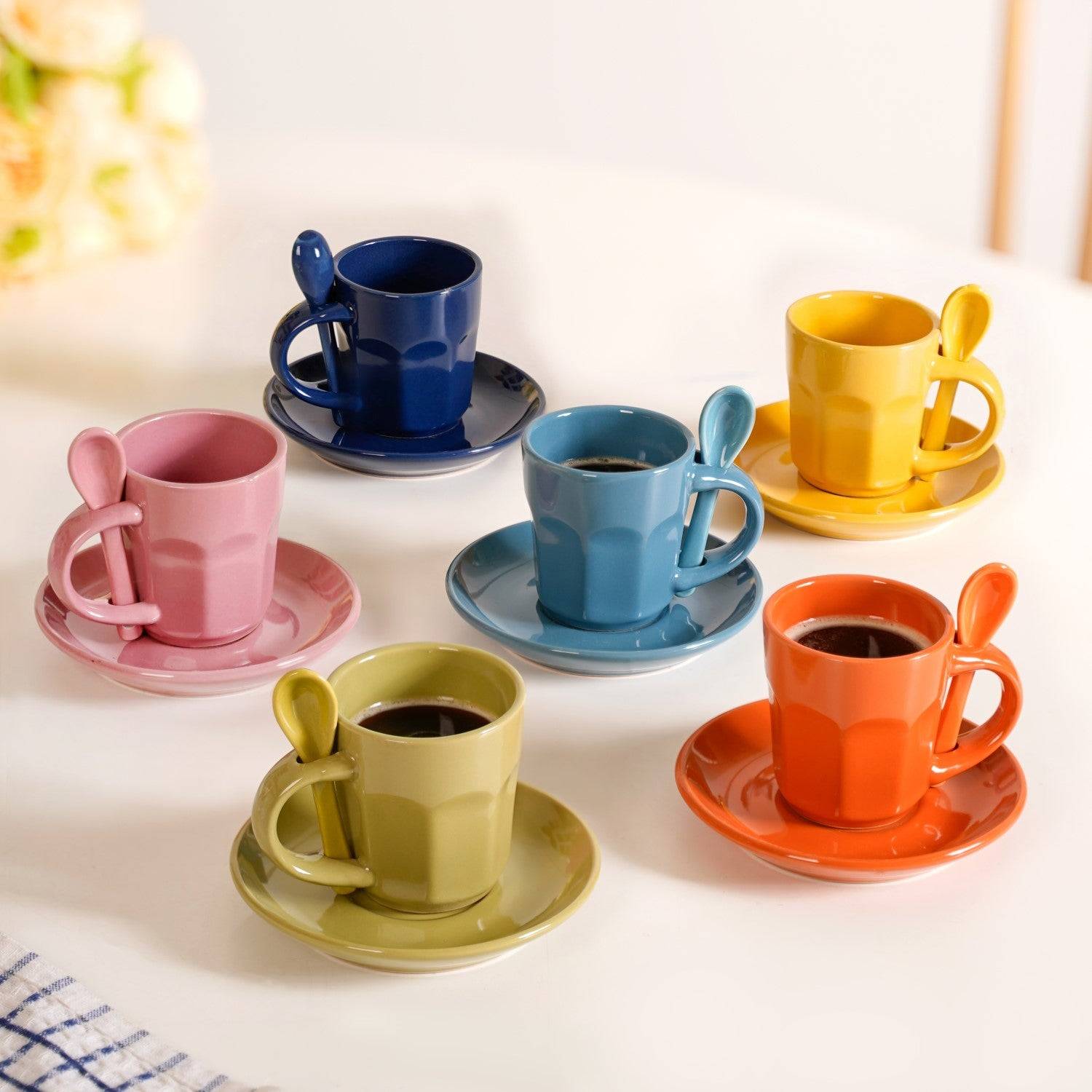 Small Espresso Tea Cup With Saucer And Spoons Set Of 6 Multicolour 100ml buy only at ₹1950