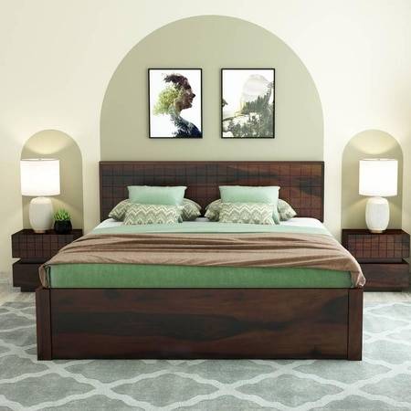 Esra Sheesham Wood Queen Size Bed Drawer Storage Walnut Finish (60 x 78 inches)