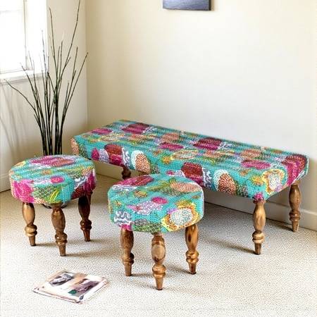 Cairo Sheesham Wood Mid Century Seater Bench Set With 2 Stools In Sea Green Fruit