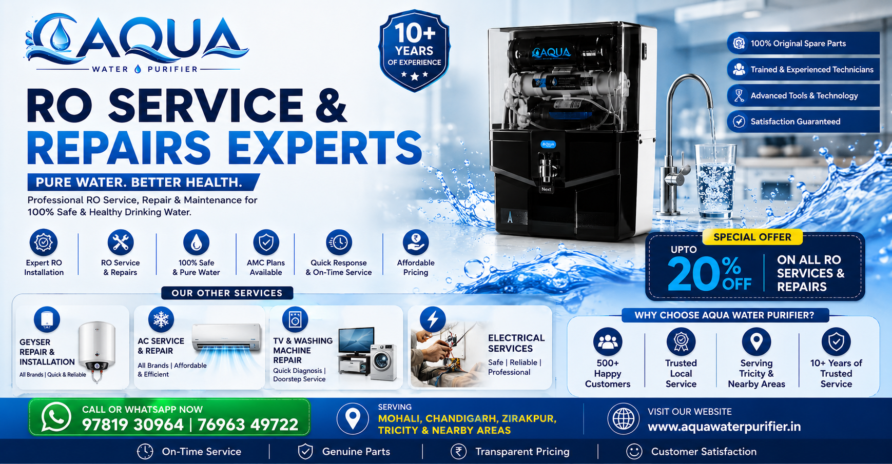 Aqua Water Purifier | RO services in Mohali, Chandigarh, Zirapkur, Kharar, Panchkula